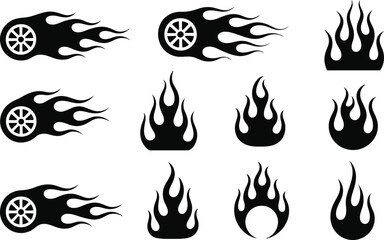Automotive Flame and Fire Vector Icons - Set of Burning Wheels and Fire Shapes