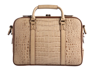 Beige crocodile embossed leather luggage bag.