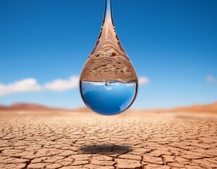 single drop of clean water suspended above cracked desert landscape reflecting clear blue sky this symbolizes hope and resilience in arid conditions