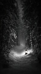 Lanterns Glow - A Winter Path Through the Snowy Forest.