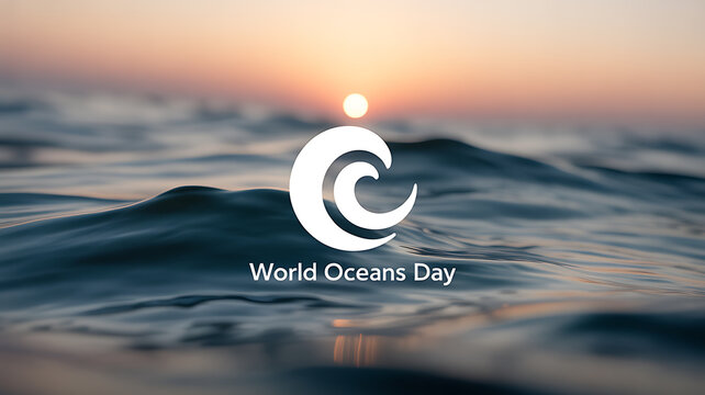 World Oceans Day logo displayed over a serene ocean sunset with gentle waves and a glowing horizon. - Powered by Adobe