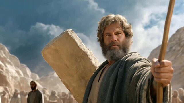 Man with matted beard holding chipped stone tablets on mountain worn wooden staff. Murmuring crowd below in dusty cloaks jagged swirling clouds. Majestic photo inspired by