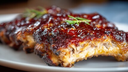Barbecue Ribs With Sauce on Plate at Restaurant