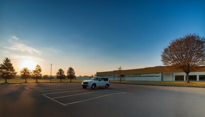 a deserted early morning scene of a school s drop off area empty parking lot and a lonely minivan awaiting students