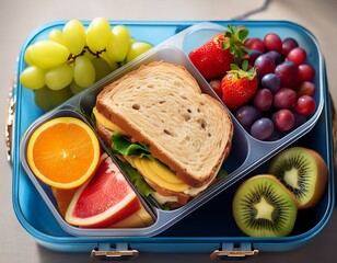 sandwich banana slices grapes orange slices and strawberries filling a lunch box with cookies and kiwi fruit nearby promoting balanced eating habits
