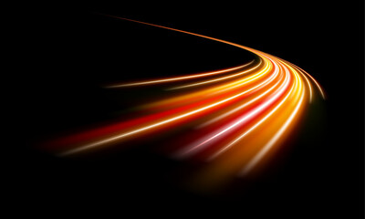 Expressway at night with orange neon car light trails, captured in long exposure. The glowing motion lines symbolize digital speed and futuristic roads. Ideal for modern backgrounds. © IvanLi