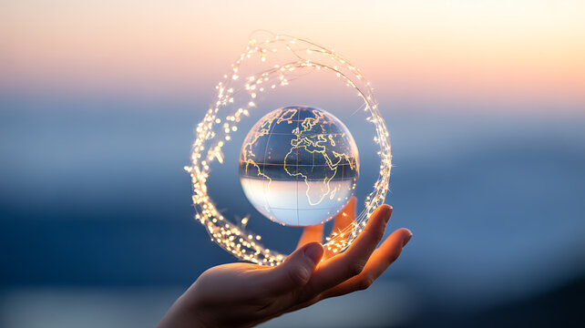 Hand holding a glowing globe with digital network lines against a sunset sky