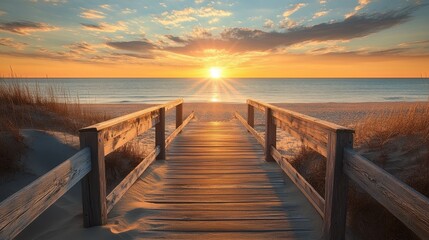 Wooden boardwalk leading to a sandy beach at sunset with the sun shining brightly over the ocean horizon