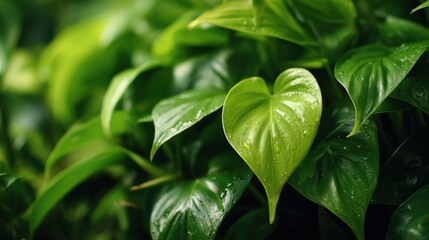 Obraz premium Heart-shaped leaf with dew drops in natural greenery