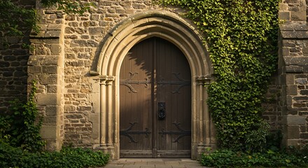 Antique medieval wooden door with metal handle stone arch and climbing ivy plant. gothic entrance gate in a castle church or house.