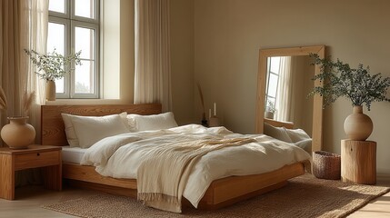 Neutral Bedroom With Wooden Furniture and Natural Light