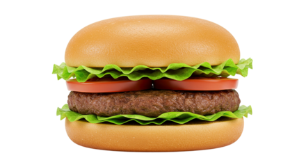 A delicious hamburger with fresh lettuce and tomato on a white background.