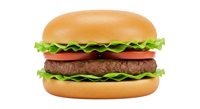 A delicious hamburger with fresh lettuce and tomato on a white background.