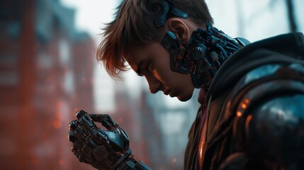  android humanoid cyborg, man with some part of body replaced with mechanical robot, SYNTHETIC AI HUMAN in cyber punk mood city