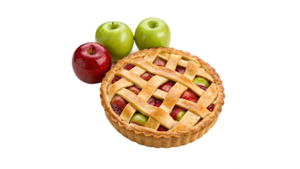 Freshly baked apple pie with red and green apples beside it  isolated on transparent background