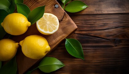 ripe yellow lemons and their juicy halves rest on a rustic wooden cutting board accompanied by vibrant green leaves creating a fresh and inviting scene