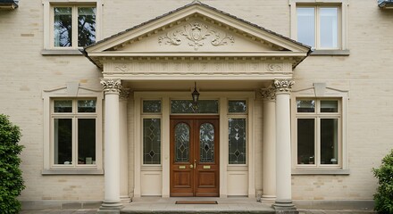 Obraz premium Front door and two windows with portico creating a beautiful design.