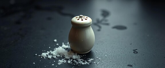 A ceramic salt shaker sits on a dark, textured surface,  detail,  stock photo