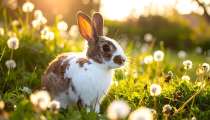A rabbit in a meadow at sunset