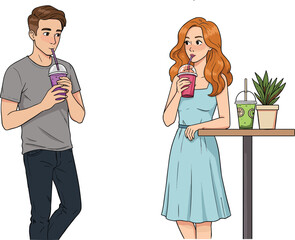 Young man and woman drinking smoothies together, enjoying cold beverages, summer lifestyle, casual date, healthy drinks, relaxing time, flat vector illustration