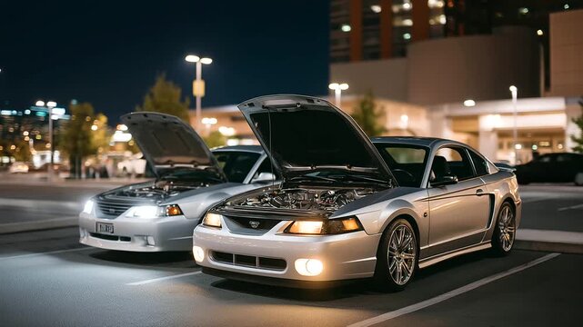 Underground car enthusiasts swapping parts at night meetup in parking lot open trunks haggling flashlight on engines thumping music. Bustling photo with part details light
