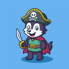 Obraz premium Cute Cartoon Wolf Dressed as Pirate Captain