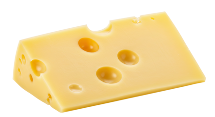 A delicious wedge of Swiss cheese with characteristic holes.