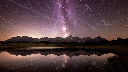 Timelapse of meteor trails forming a celestial web over mountains, mirrored in a tranquil lake below.