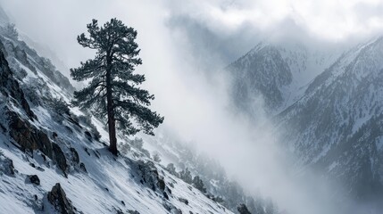 Lone Tree in Winter Landscape - A Serene Mountain Scene.
