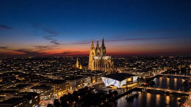 An aerial view captures the majestic cologne cathedral and the modern philharmonic hall illuminated at dusk, with the rhine river reflecting the vibrant sunset sky and city lights