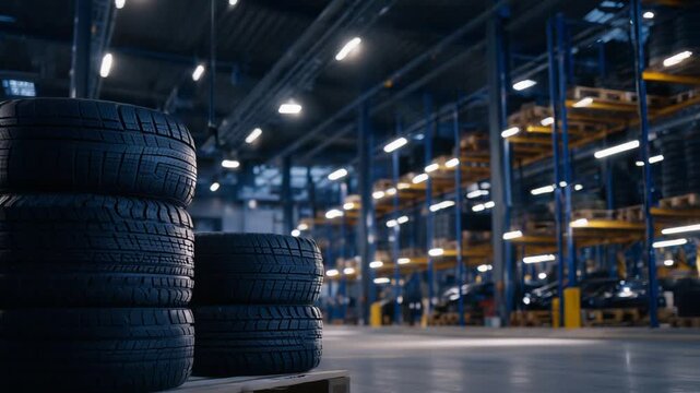 Explore our well-lit industrial storage facility, featuring organized shelves of stacked tires, perfect for an automotive shop ambiance.
