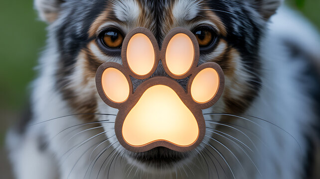 Close-up of a dog's face with a glowing paw print overlay