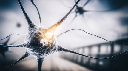 Close-up view of neurons showcasing their complex structure and connections, symbolizing brain activity and neurological science.