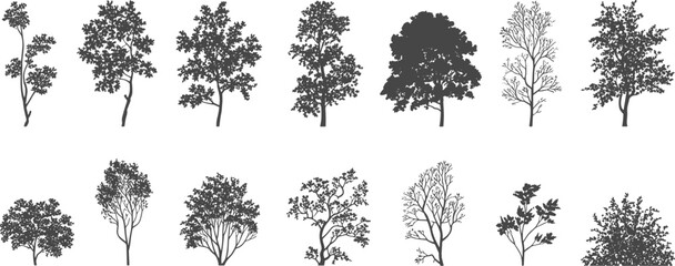 Tree silhouettes set, forest plants, natural elements, eco background, garden decoration, landscape design, foliage shapes, nature illustration, greenery, environment