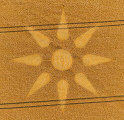 Aerial view of a mysterious, intricate, geometric crop art, crop circle formation in a wheat field Edmund Hill, near Illchester, Somerset, England, UK 