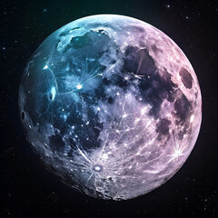 A glowing purple moon with craters and cosmic textures, shining brightly in space