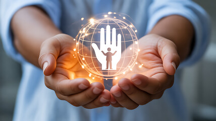 Hands holding a glowing globe with a human figure and hand symbol, representing global protection and care