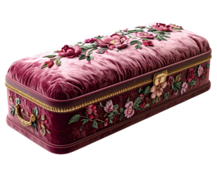  Velvet lined casket insert with elegant embroidered floral design isolated on transparent background PNG