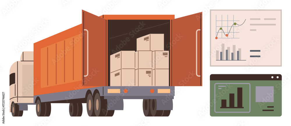 Poster freight truck unloading boxes, graphs displaying analytics, and dashboards showcasing data. ideal fo
