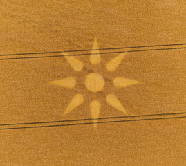 Aerial view of a mysterious, intricate, geometric crop art, crop circle formation in a wheat field Edmund Hill, near Illchester, Somerset, England, UK 