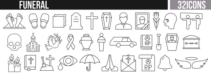 Fototapeta premium Collection of 32 funeral line icons including coffin, urn, cross, priest, grave, candles, flowers, and mourning symbols. Funeral line icons set. Mourning and remembrance outline vector collection.