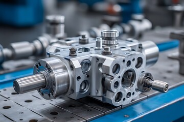 Industrial machine parts being assembled in a workshop, captured in close-up product photography against a blue background, highlighting engineering concepts.
