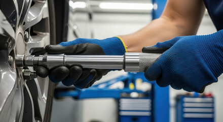 Skilled automotive technician using a torque wrench to tighten a wheel bolt on a vehicle in a modern garage, showcasing precision and attention to detail in mechanical work