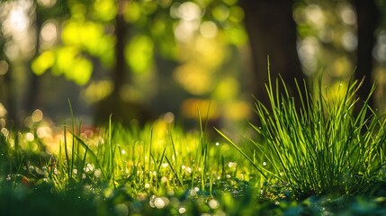 dewdrops. Vibrant spring garden with golden sunlight filtering through trees and glistening dewdrops on lush green grass. travel magazines.