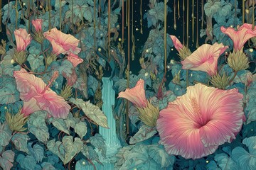Lush Tropical Oasis - Pink Flowers and Waterfall Serenity.