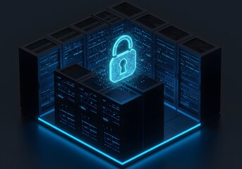 Secure digital data protection symbolized by a glowing neon lock icon above a modern server room with illuminated racks, representing cybersecurity and network safety.