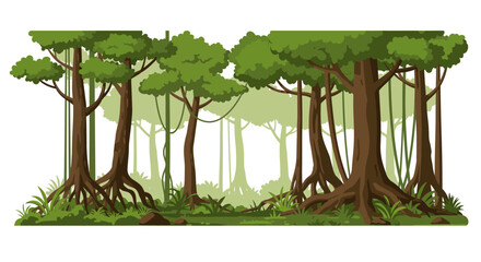 Obraz premium Lush Cartoon Jungle Scene with Dense Green Canopy and Exposed Roots.