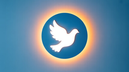 White dove silhouette against a glowing blue circle on a gradient sky background