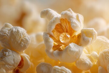 Macro Shot of Popcorn with a Water Droplet.