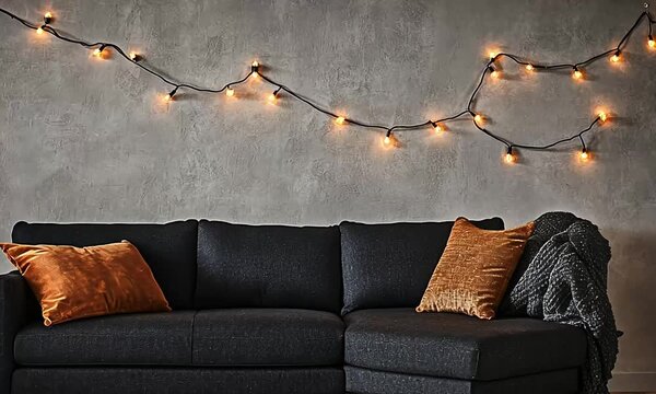 Warm lights strung above a dark sofa with mustard throw pillows